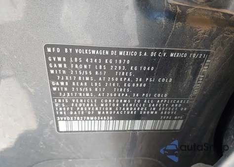 2022 Volkswagen Taos 1.5T S z USA, uszkodzony, nr VIN 3VVDX7B27NM034530